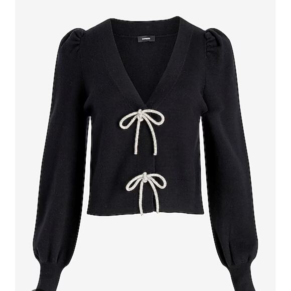 Express Bow Cardigan Sweater Women Large Black Puff Sleeve Embellished Knit Luxe - Picture 3 of 10